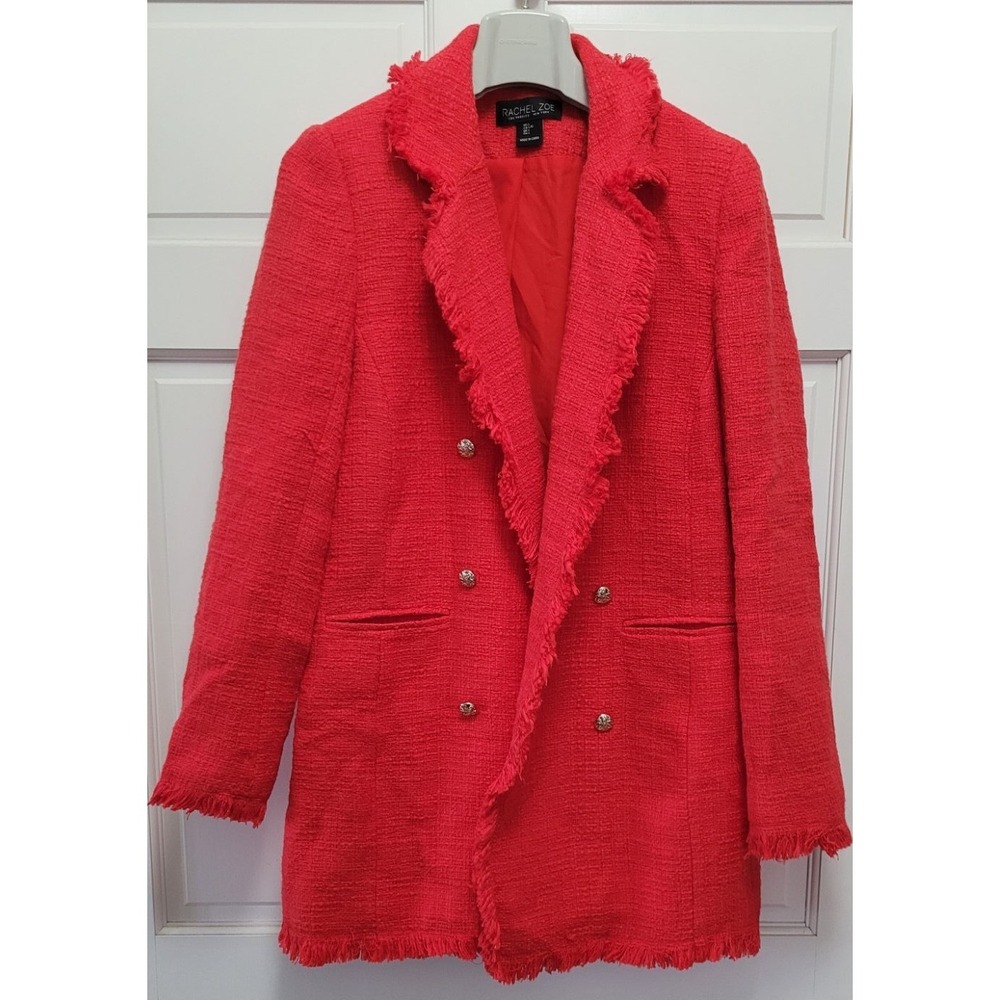 Rachel Zoe Women's Open Front Tweed Fringe Cardigan Jacket - Orange - Large